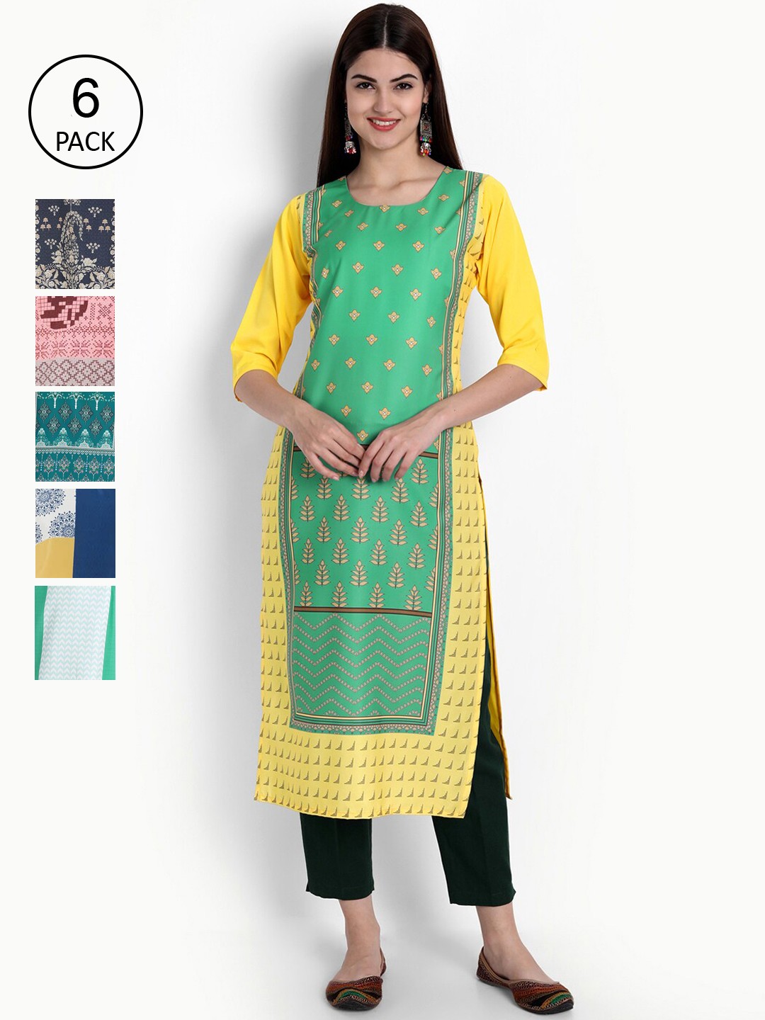 

Ethnic basket Women Pack of 6 Printed Kurtas, Multi