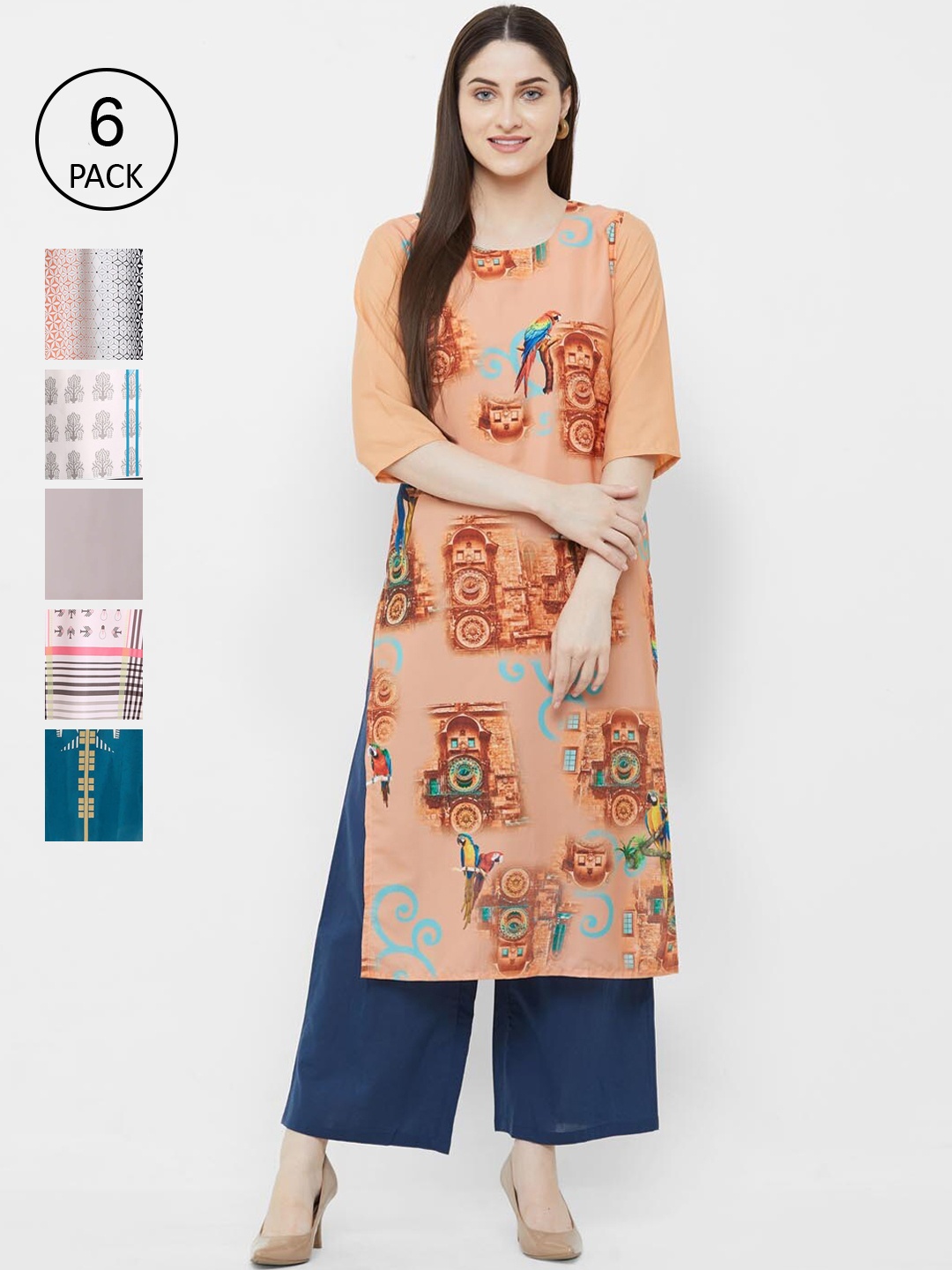 

Ethnic basket Women Pack Of 6 Digital Printed Crepe Kurta, Peach