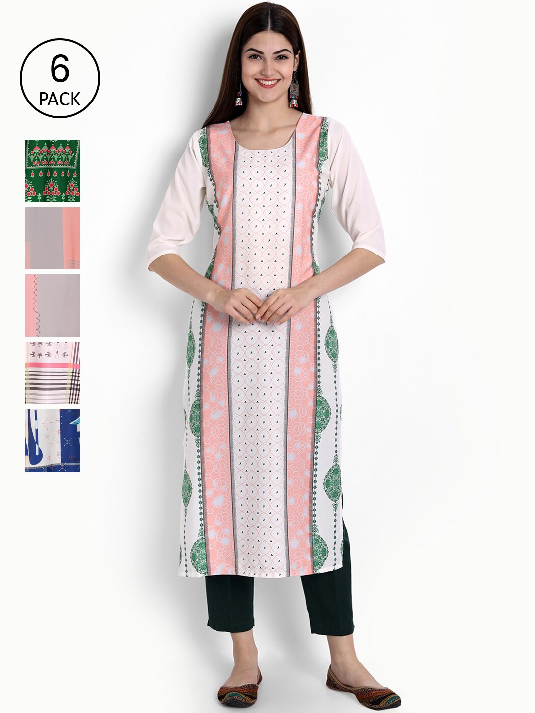 

Ethnic basket Women Pack Of 6 Printed Block Print Crepe Kurta, White