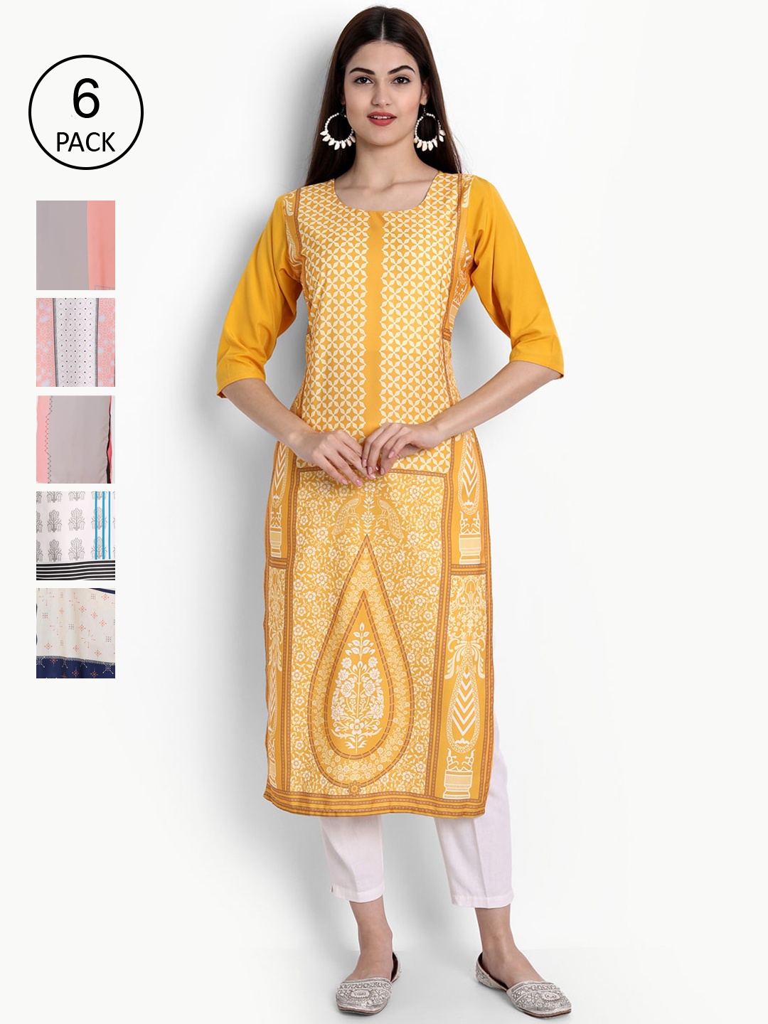 

Ethnic basket Women Pack Of 6 Digital Printed Crepe Kurta, Yellow