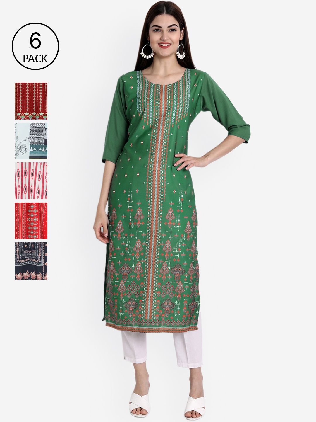 

Ethnic basket Women Pack-6 Geometric Printed Block Print Crepe Kurta, Green