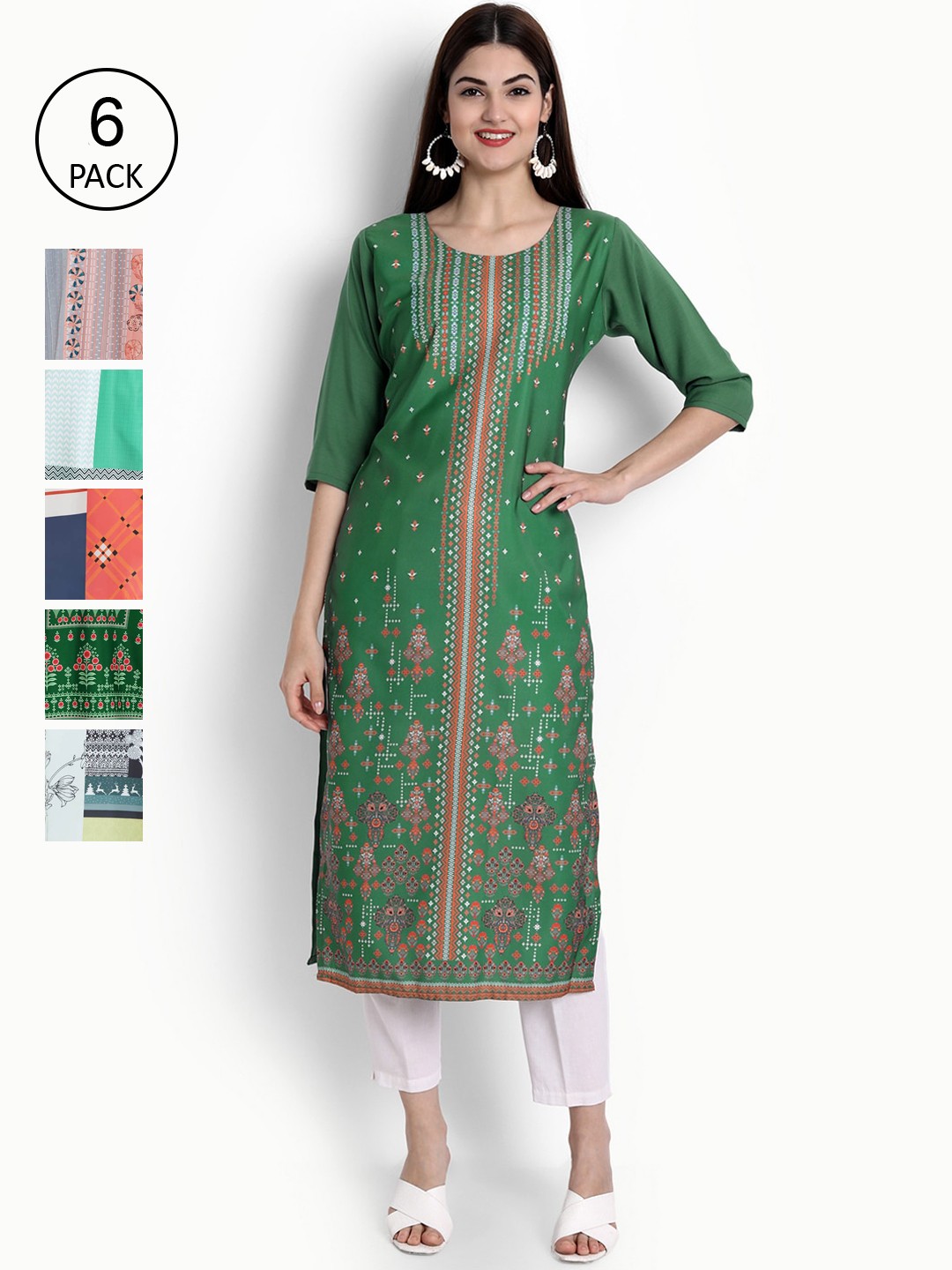 

Ethnic basket Women Pack Of 6 Ethnic Motifs Printed Crepe Kurta, Green