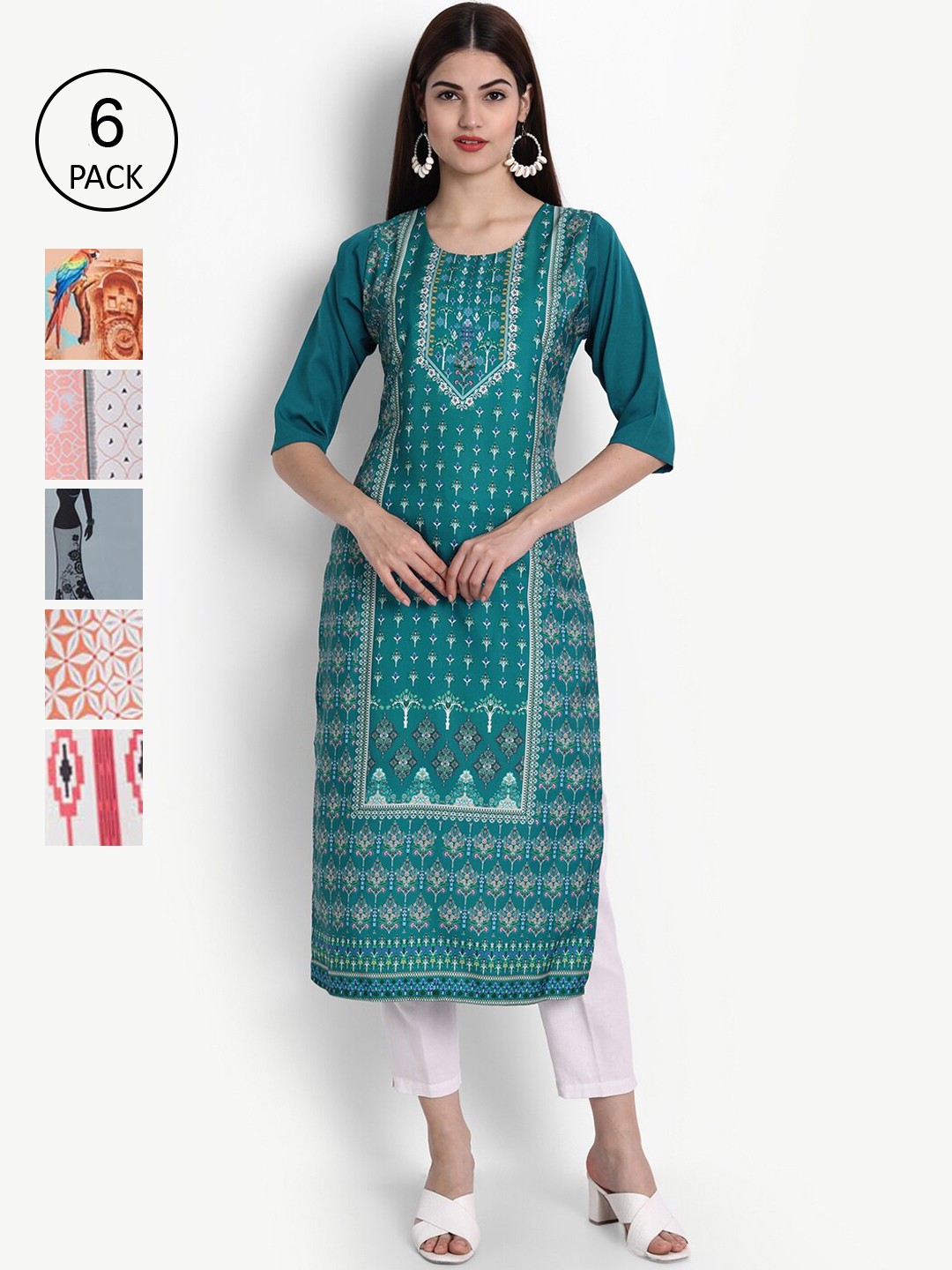 

Ethnic basket Women Pack Of 6 Multicoloured Colourblocked Thread Work Printed Crepe Kurtas, Multi