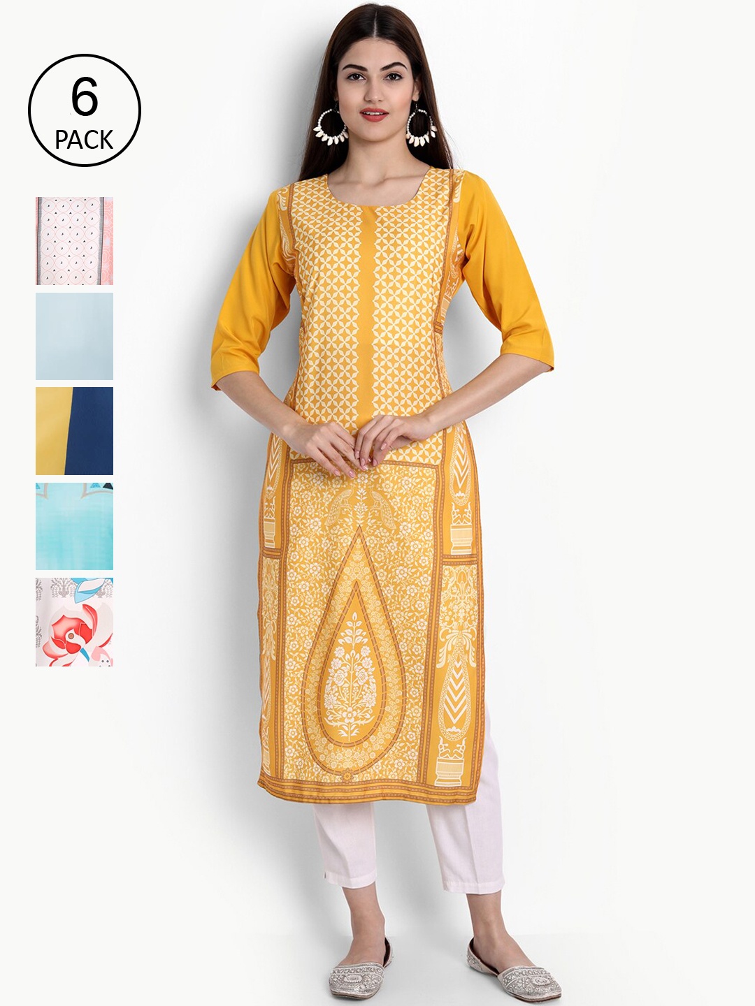 

Ethnic basket Woman Pack of 6 Multicoloured Quirky Colourblocked Crepe Kurta, Multi