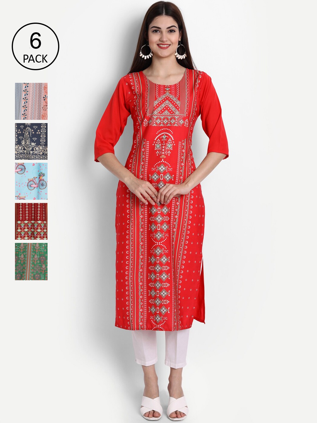 

Ethnic basket Women Multicoloured Set of 6 Printed Crepe Kurta, Multi