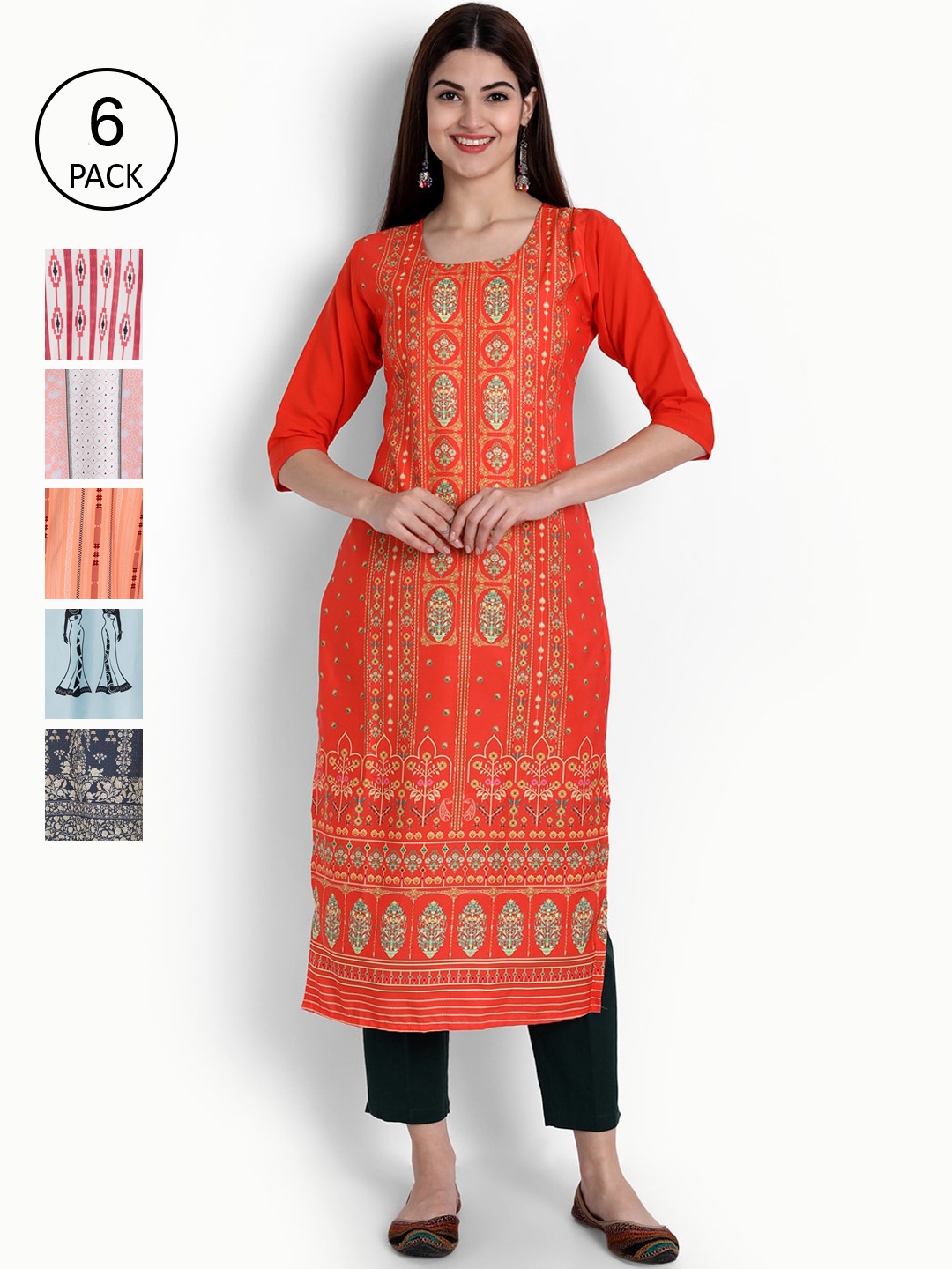 

Ethnic basket Women Pack of 6 Printed Kurtas, Multi