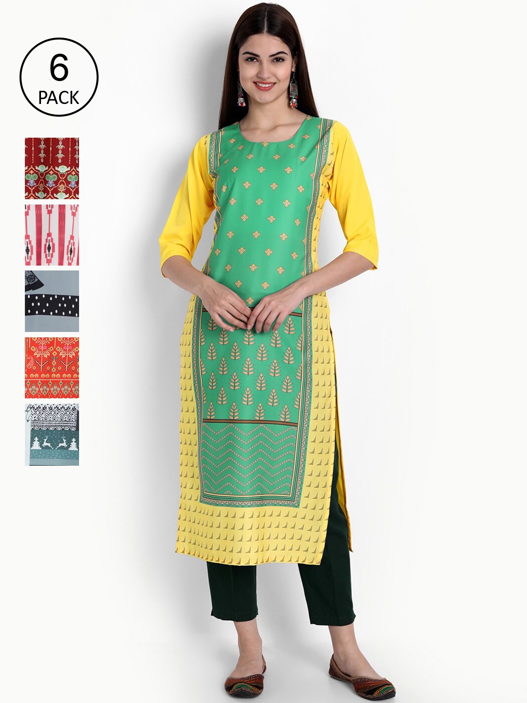 

Ethnic basket Women Pack of 6 Printed Block Print Crepe Kurta, Green