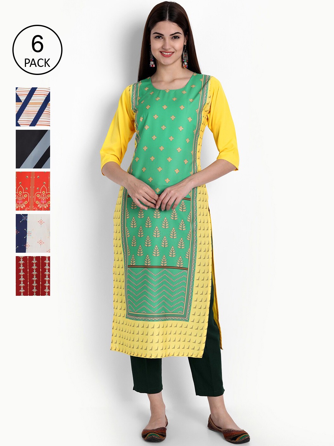 

Ethnic basket Women Pack Of 6 Digital Printed Crepe Kurta, Green