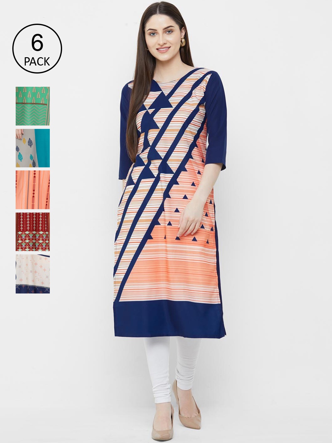 

Ethnic basket Women Pack Of 6 Digital Printed Crepe Kurta, Blue