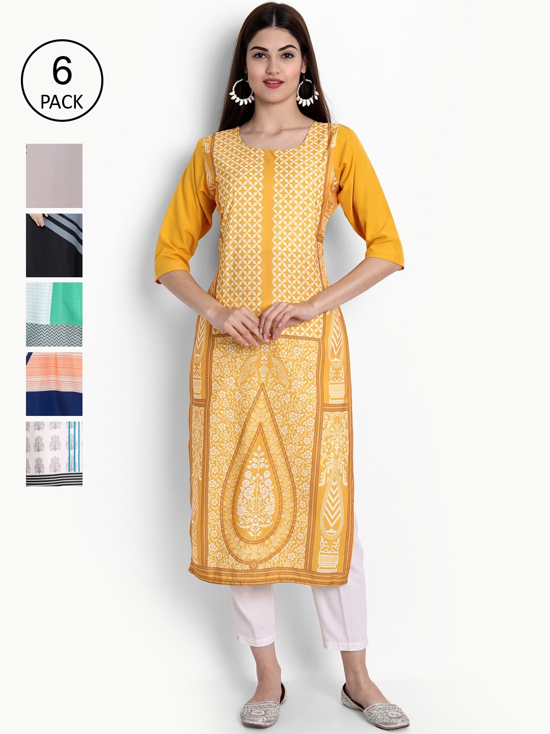

Ethnic basket Women Pack of 6 Digital Printed Straight Kurtas, Yellow