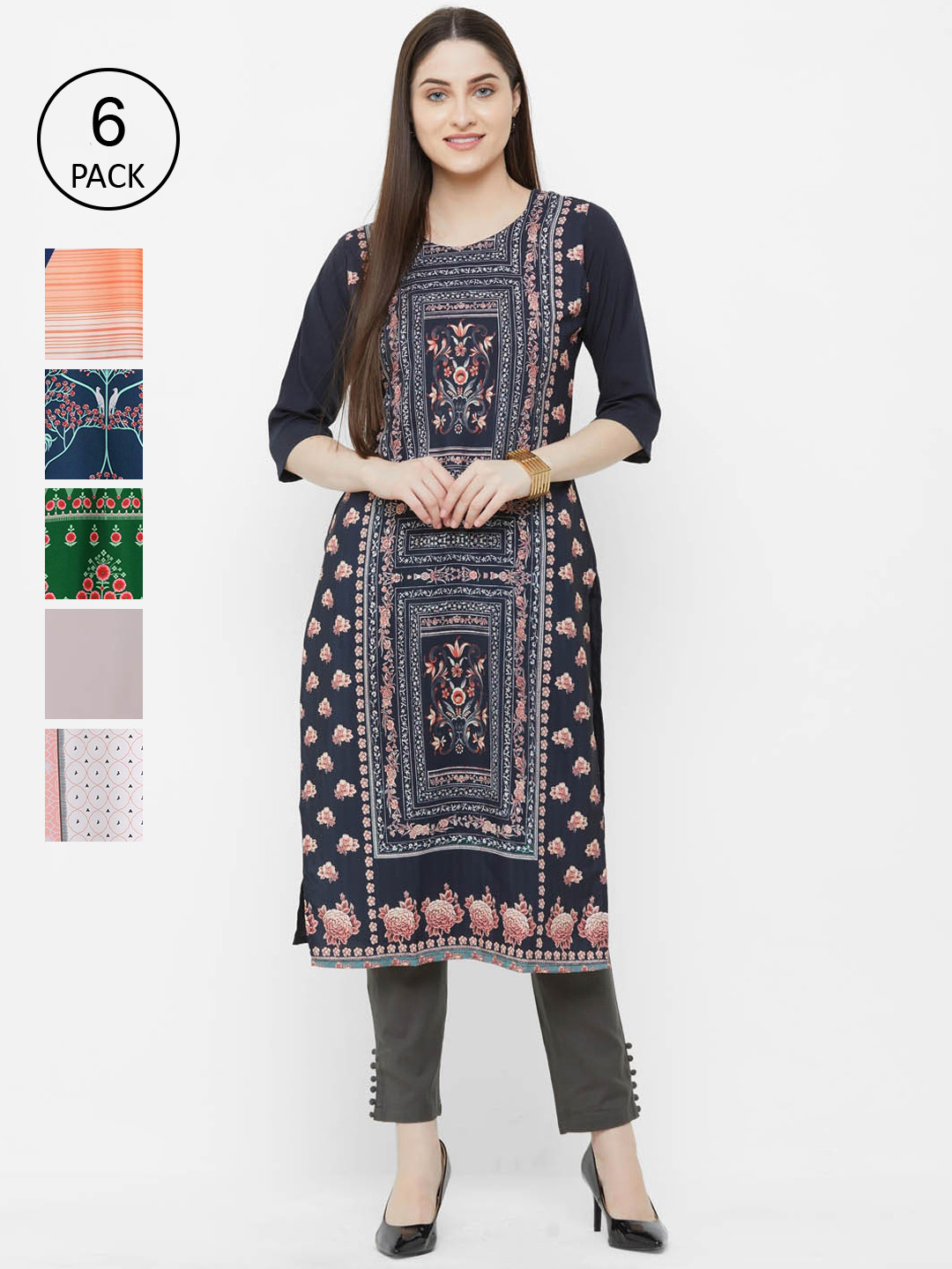 

Ethnic basket Women Pack Of 6 Digital Printed Kurta, Multi