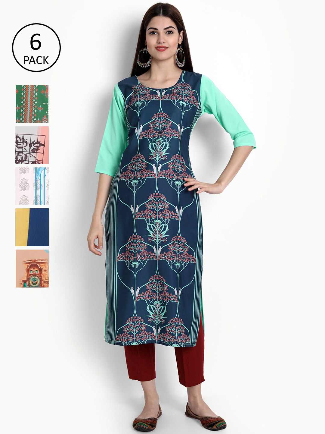 

Ethnic basket Women Pack-6 Printed Block Print Crepe Kurta, Blue