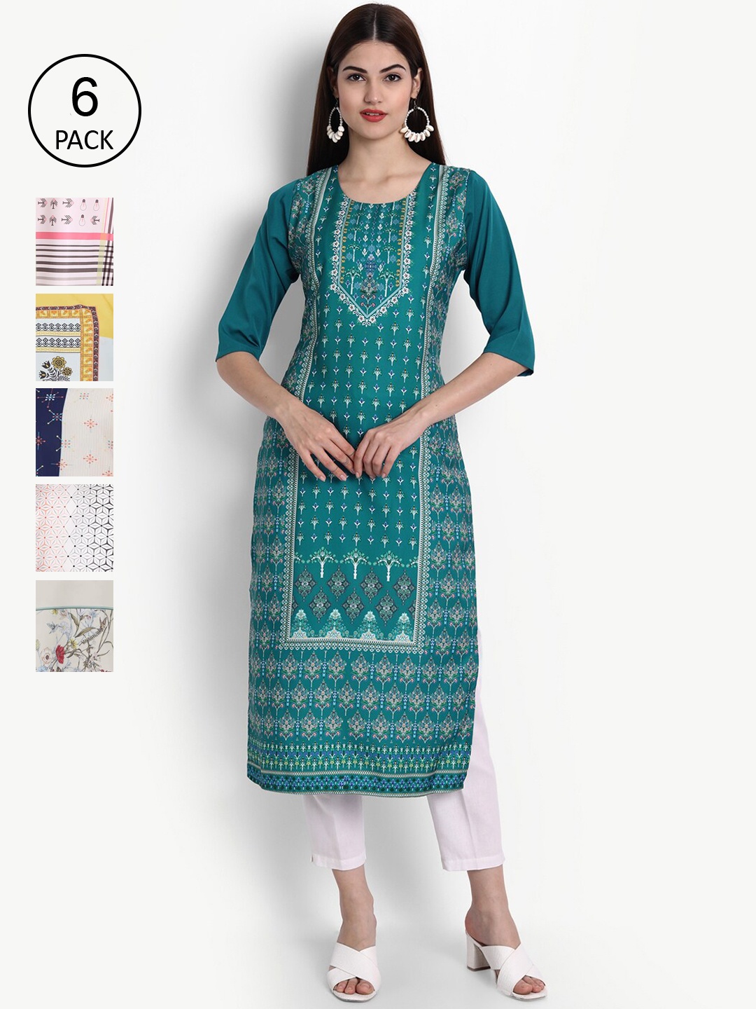 

Ethnic basket Set Of 6 Women Multicoloured Ethnic Motifs Printed Crepe Kurta, Multi