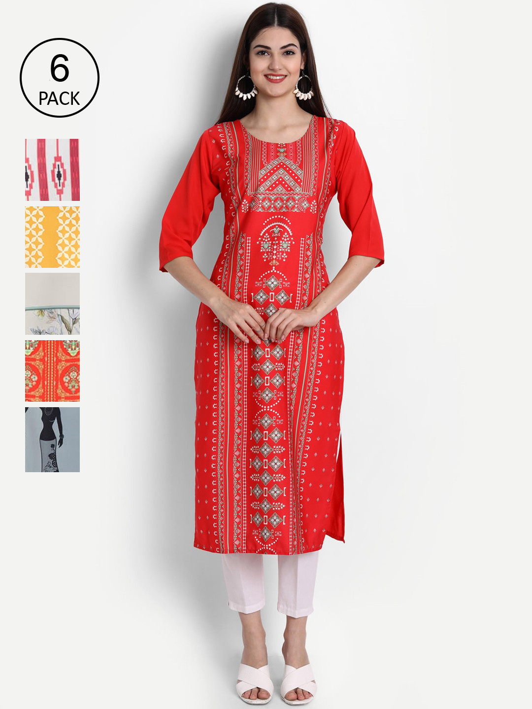 

Ethnic basket Women Pack Of 6 Multicoloured Colourblocked Thread Work Printed Crepe Kurtas, Multi