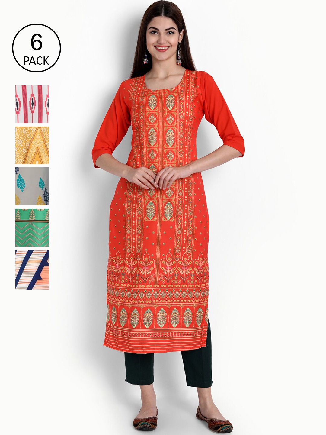 

Ethnic basket Woman Pack of 6 Multicoloured Printed Block Print Crepe Kurta, Multi