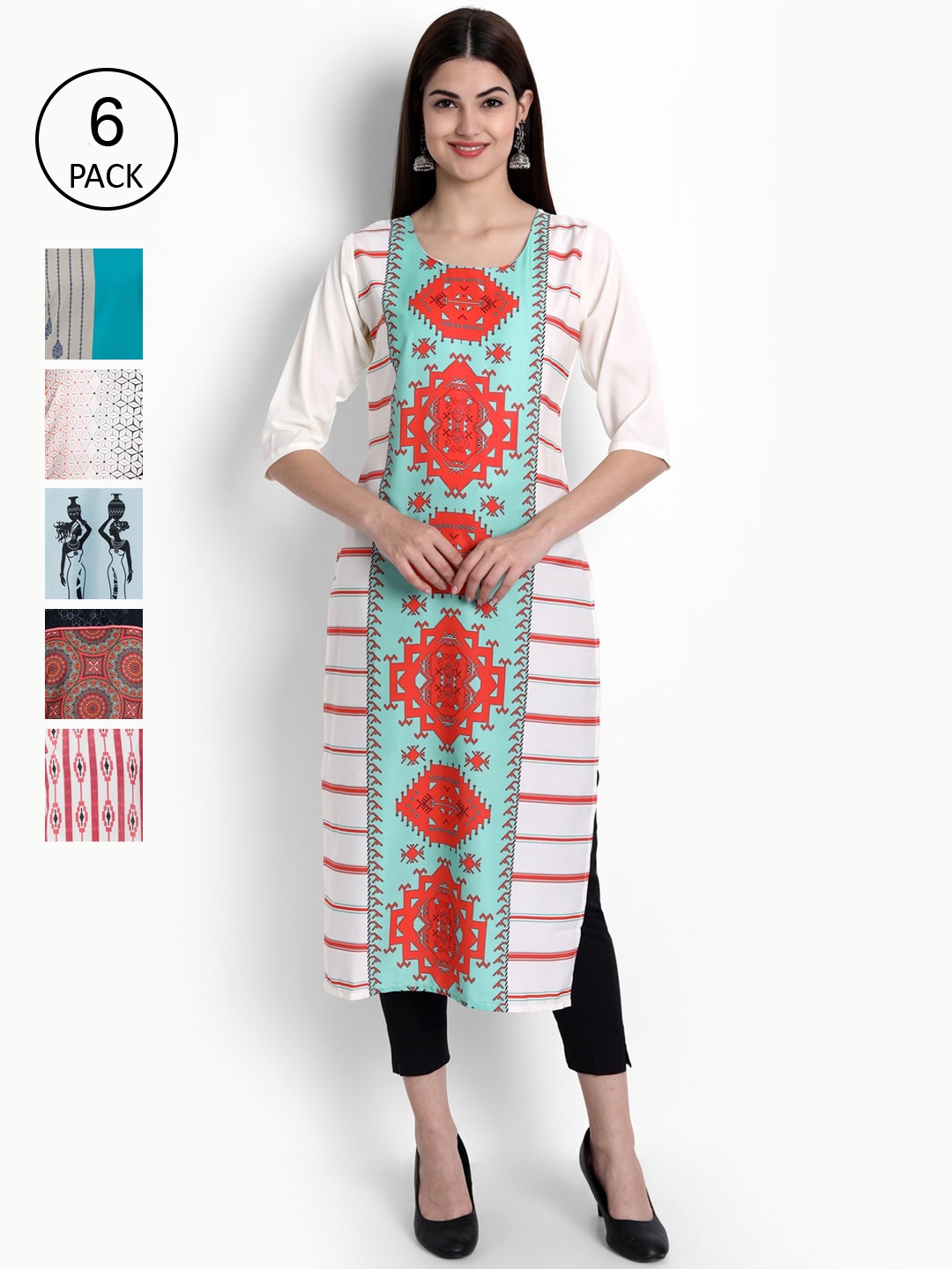 

Ethnic basket Women Multicoloured Dyed Mirror Work Block Print Crepe Kurta, Multi