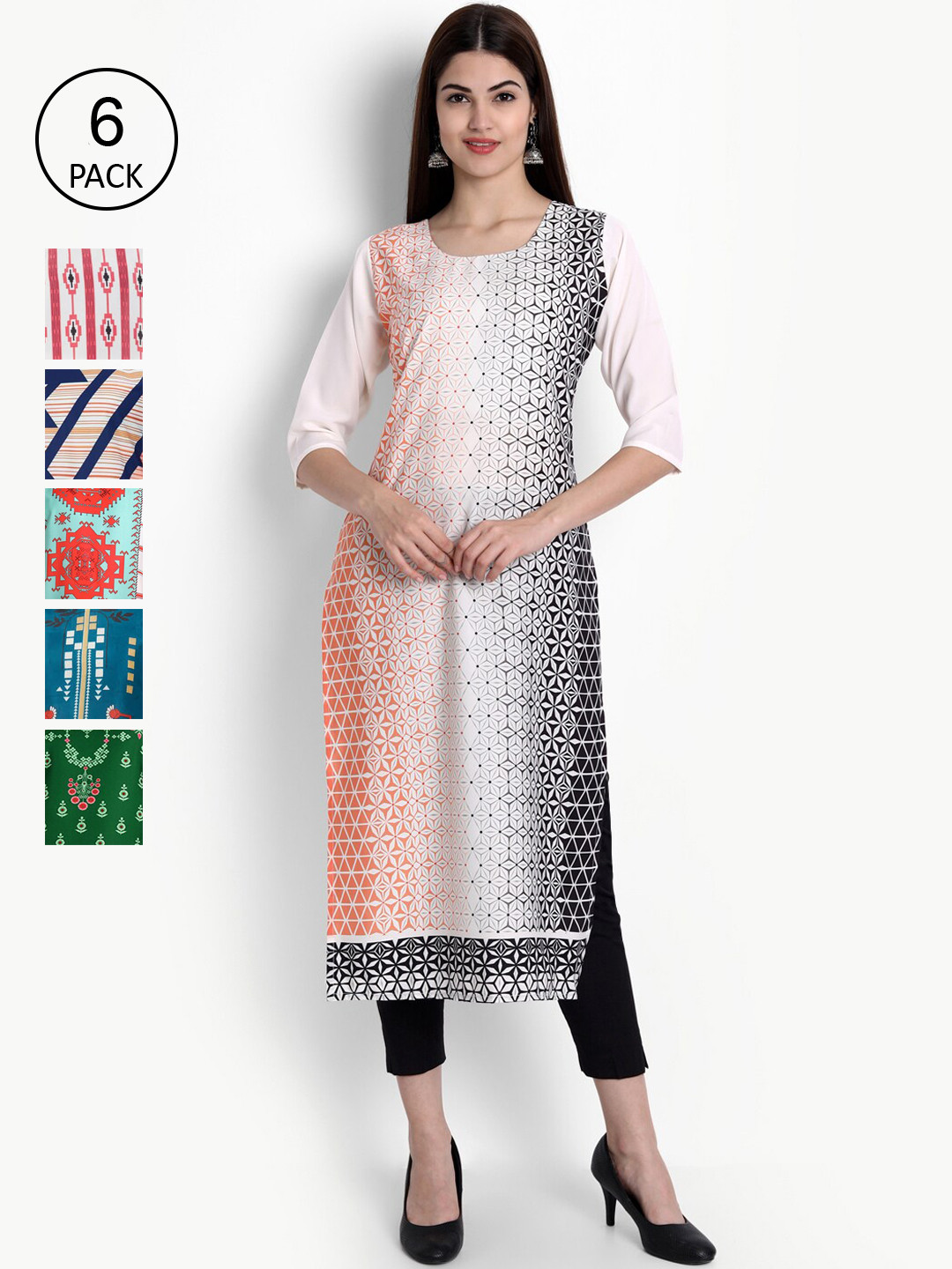 

Ethnic basket Women Multicoloured Pack of 6 Digital Print Straight Kurta, Multi