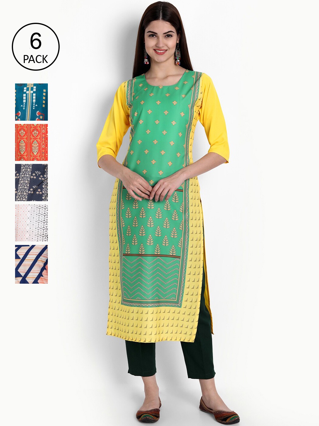 

Ethnic basket Women Pack of 6 Printed Kurtas, Multi