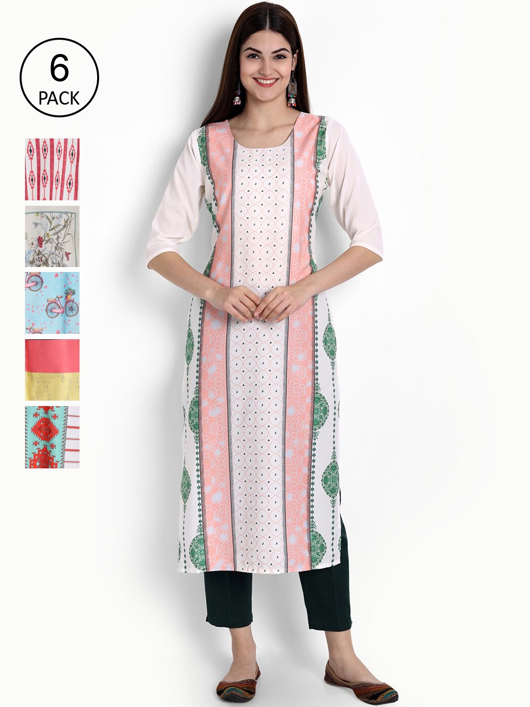

Ethnic basket Women Pack of 6 Printed Block Print Crepe Kurta, Pink