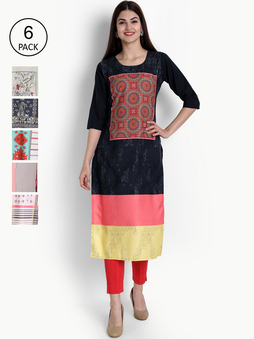 

Ethnic basket Women Pack Of 6 Printed Crepe Kurta, Black