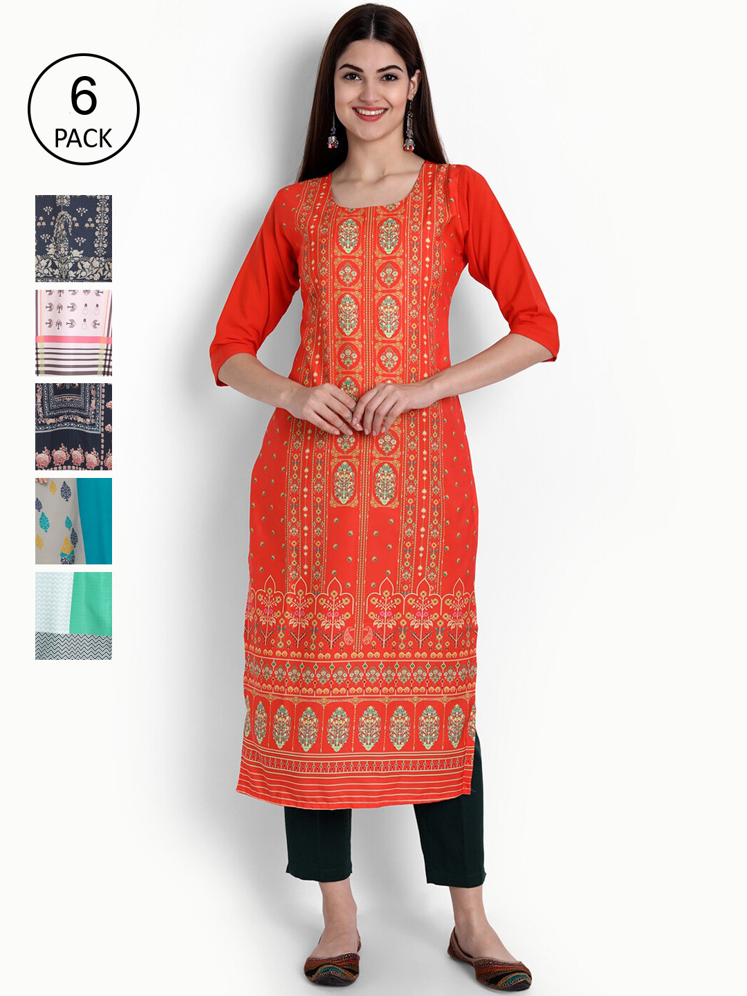 

Ethnic basket Women Pack Of 6 Digital Printed Crepe Kurta, Blue