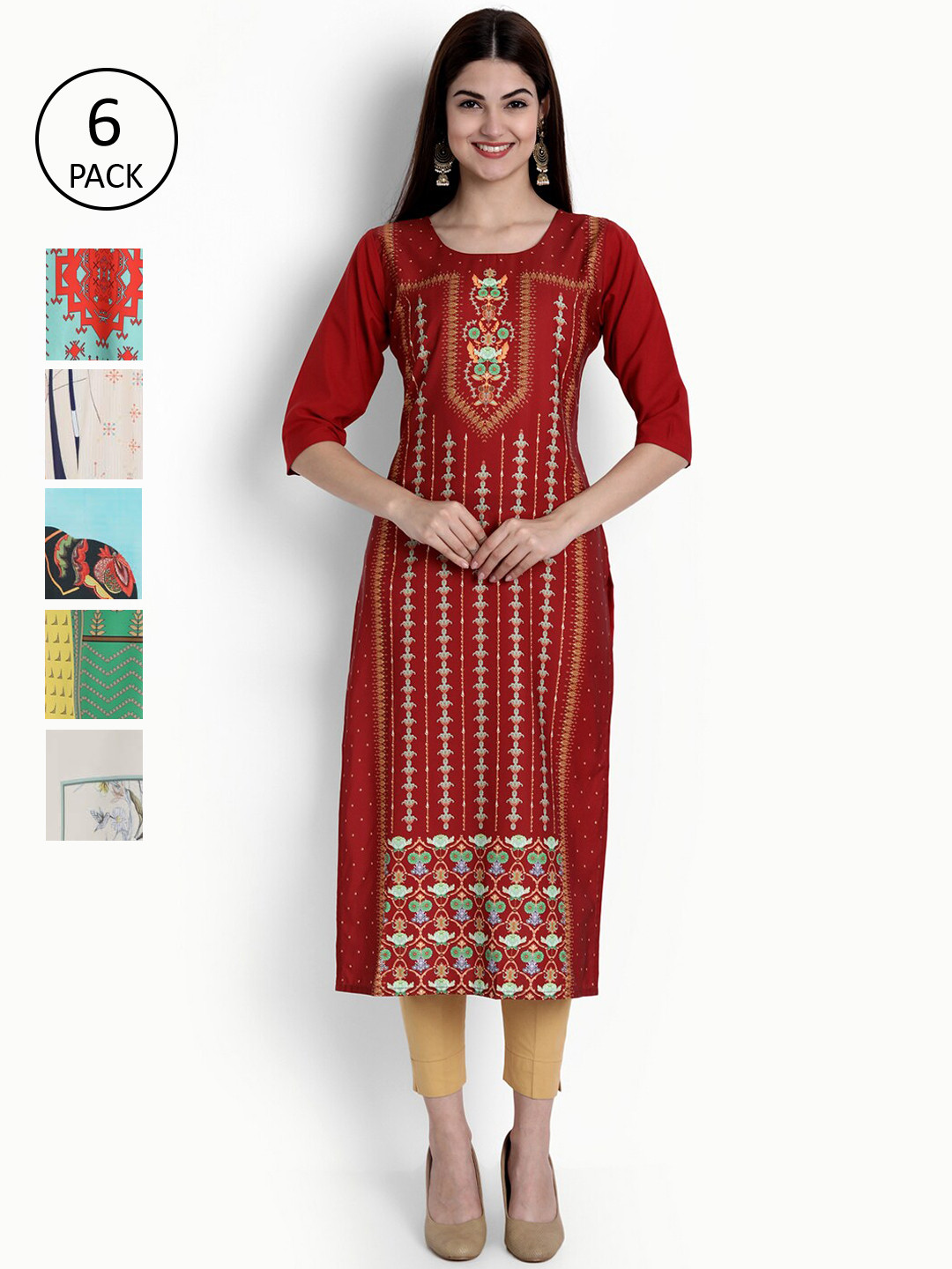 

Ethnic basket Women Pack Of 6 Printed Block Print Crepe Kurta, Maroon