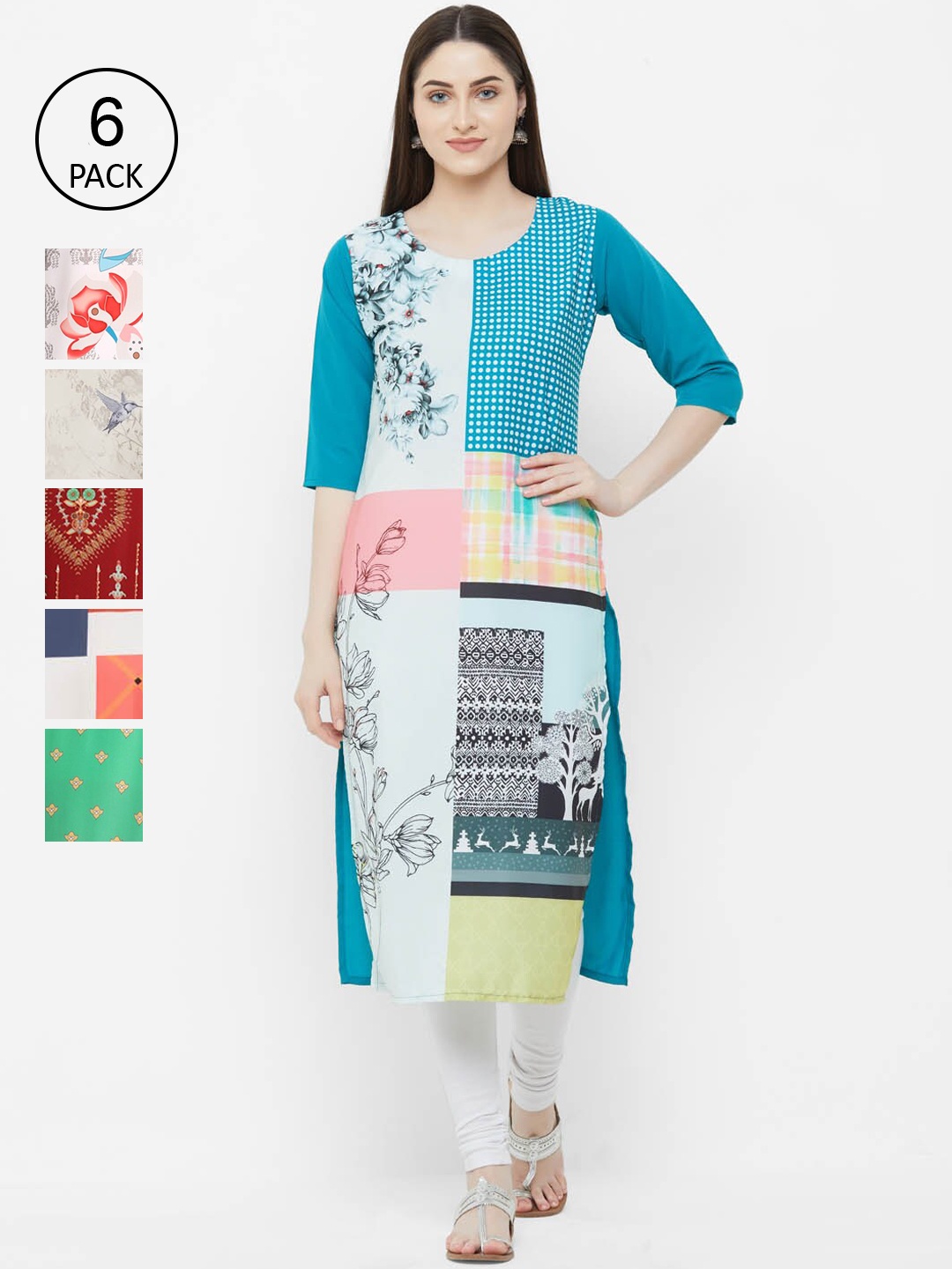 

Ethnic basket Women Pack Of 6 Digital Printed Crepe Kurta, Green