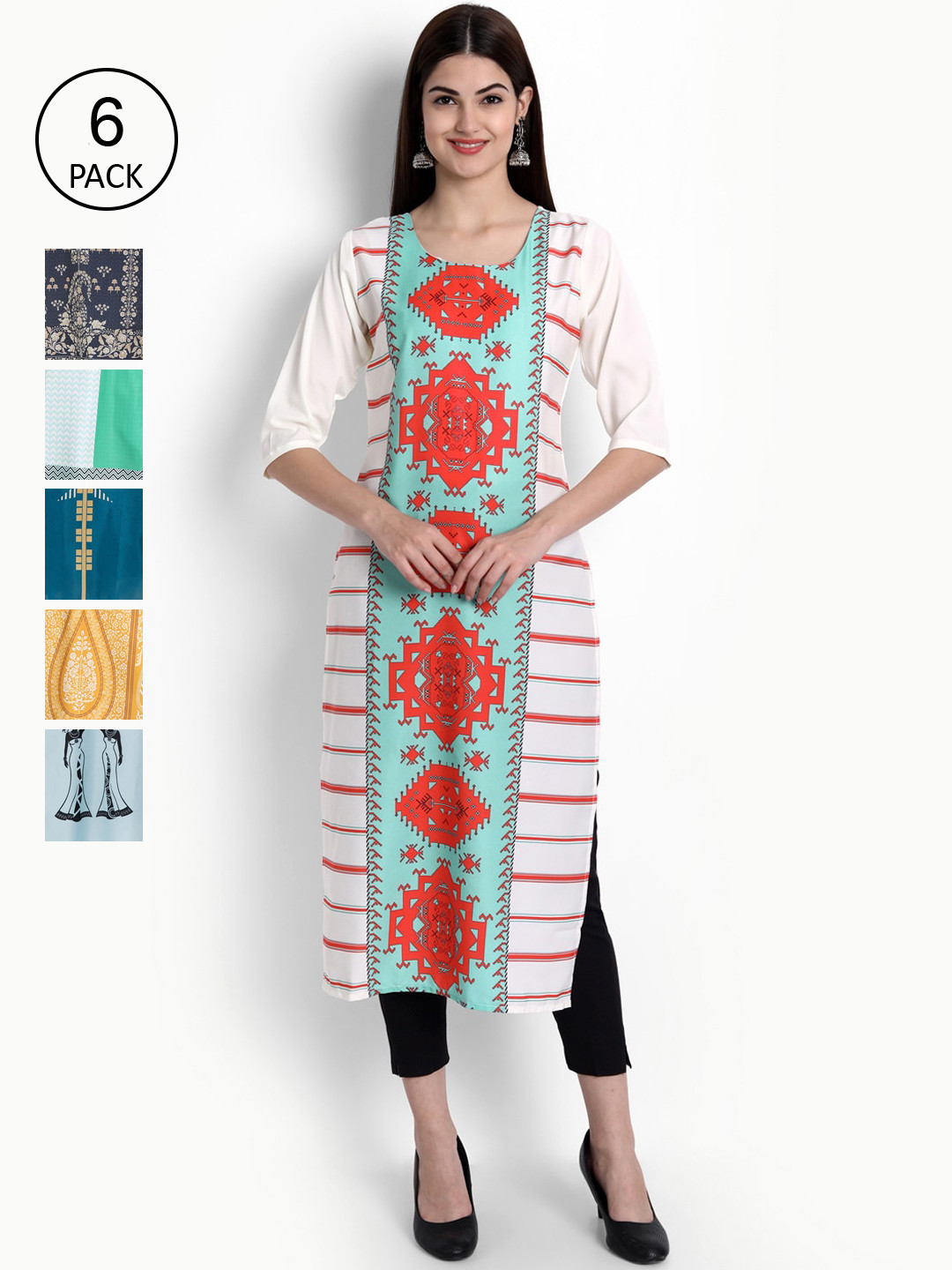 

Ethnic basket Women Pack of 6 Digital Printed Straight Kurtas, White