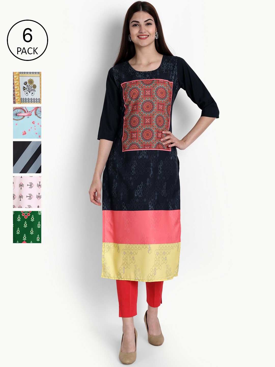 

Ethnic basket Women Pack-6 Ethnic Motifs Printed Block Print Crepe Kurta, Black