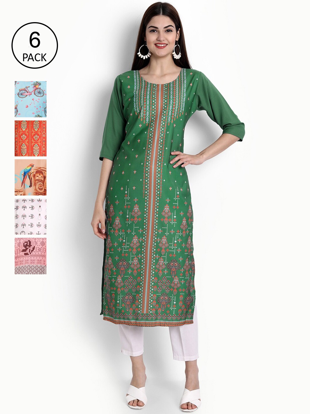 

Ethnic basket Women Pack Of 6 Ethnic Motifs Printed Crepe Kurta, Green