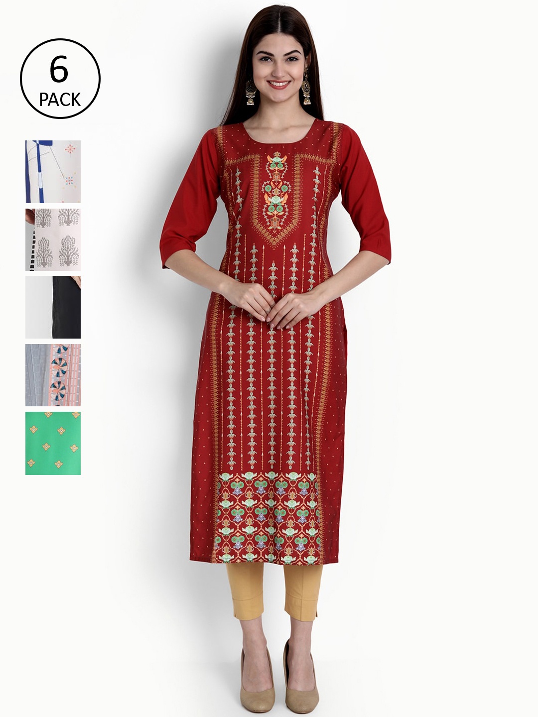 

Ethnic basket Woman Pack of 6 Multicoloured Printed Crepe Kurta, Multi