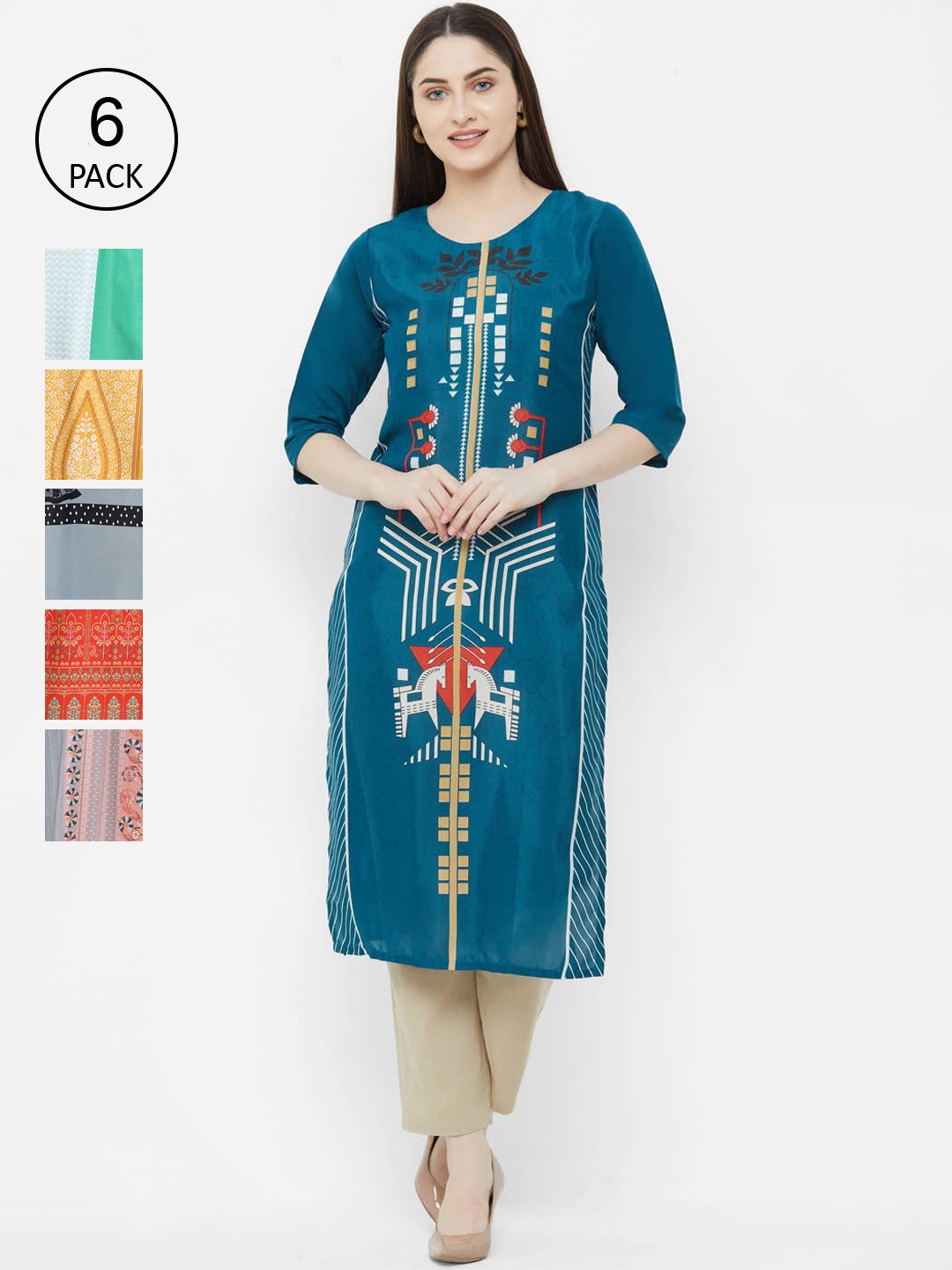 

Ethnic basket Women Multicoloured Pack Of 6 Colourblocked Block Print Crepe Kurta, Multi