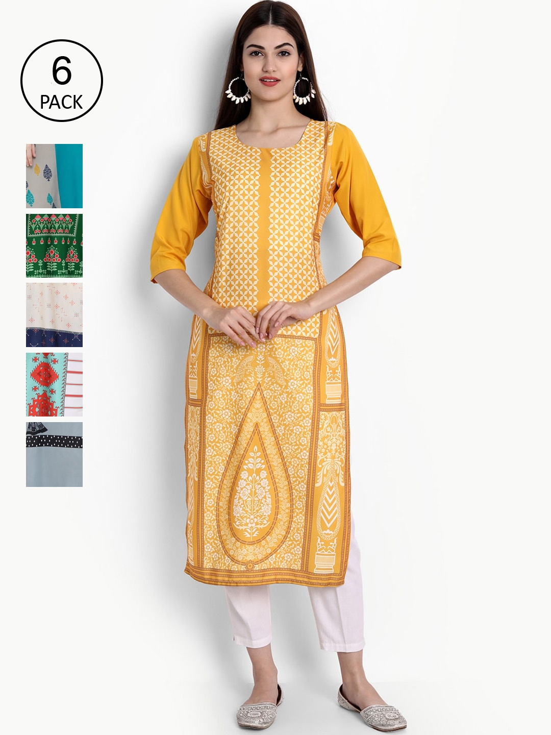 

Ethnic basket Women Multicoloured Set of 6 Printed Crepe Kurta, Multi