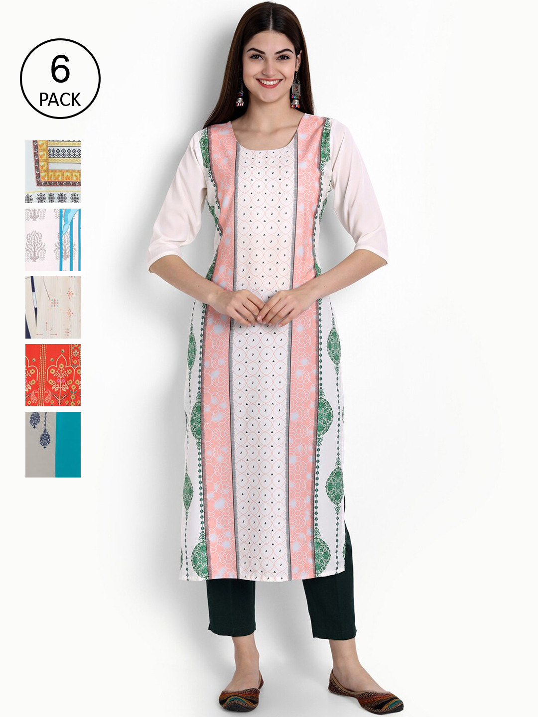 

Ethnic basket Women Pack Of 6 Printed Crepe Kurta, White