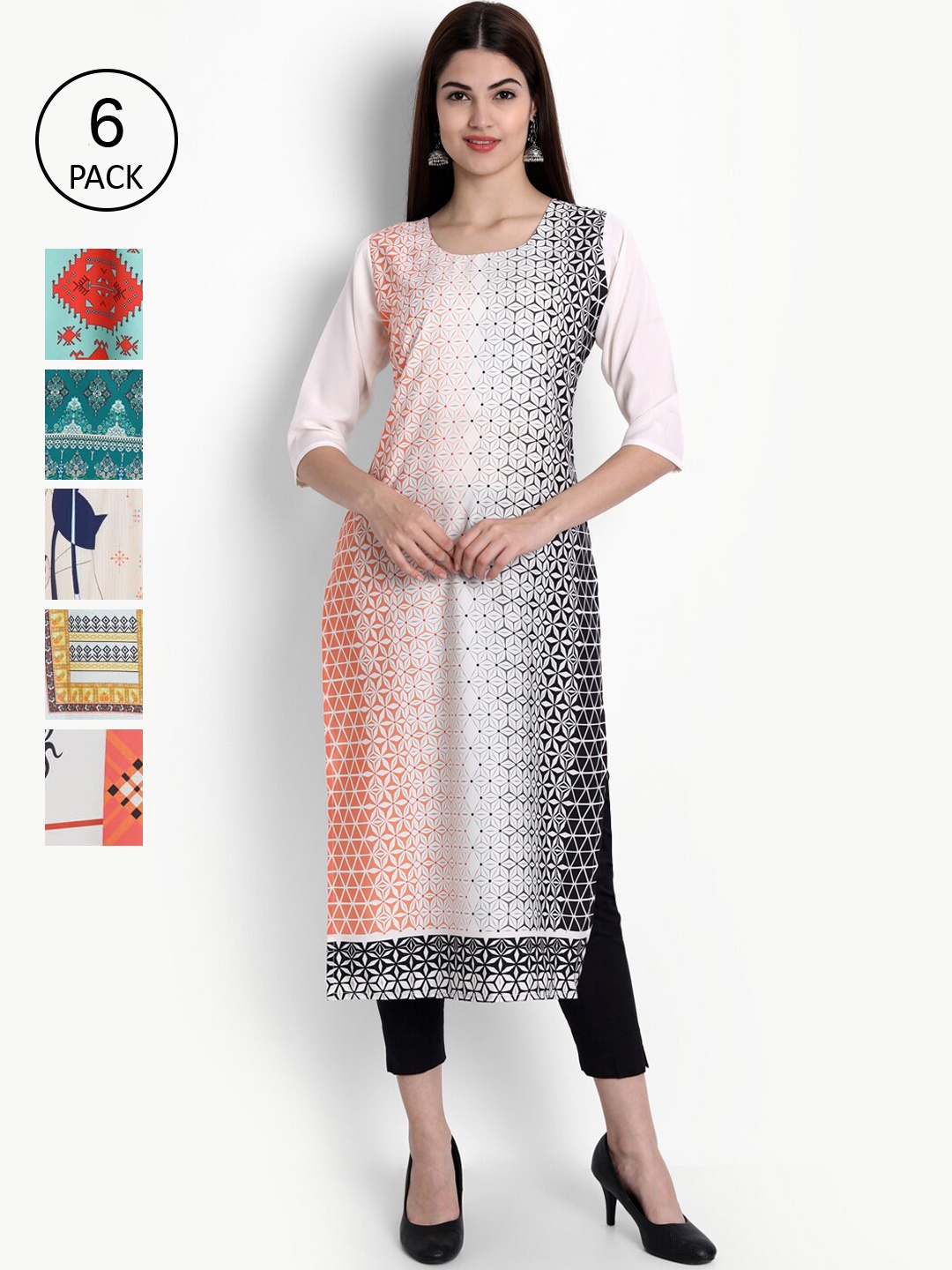 

Ethnic basket Women Pack Of 6 Digital Printed Crepe Kurta, Peach