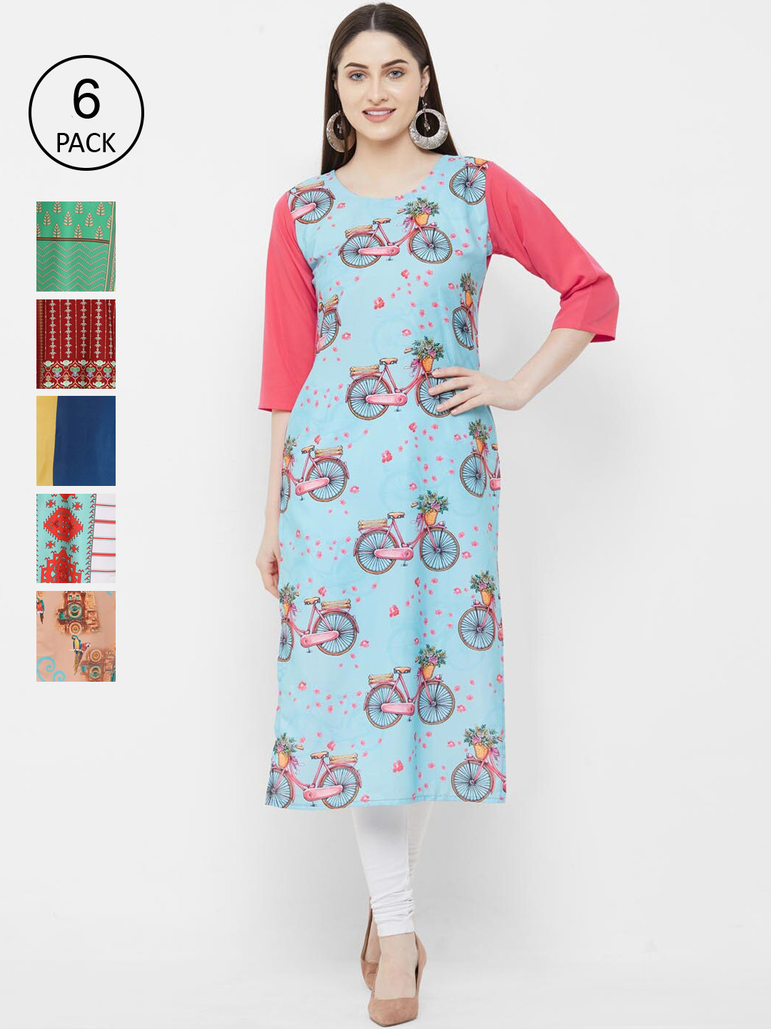 

Ethnic basket Women Pack Of 6 Printed Block Print Crepe Kurta, Turquoise blue