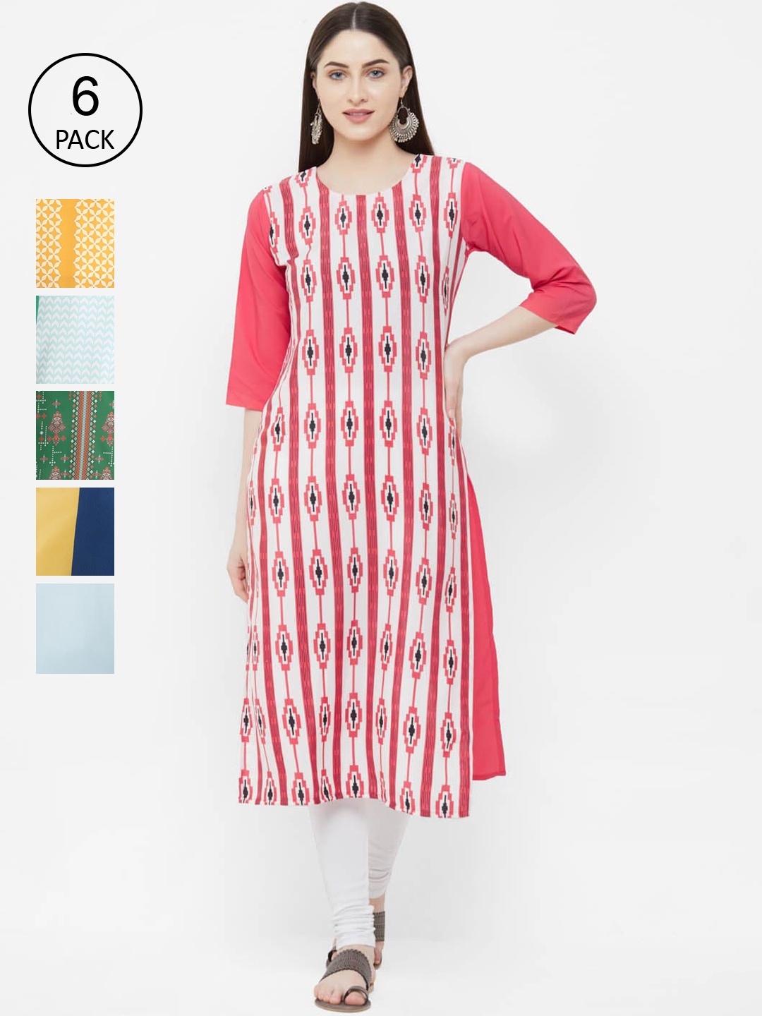 Ethnic basket Women Pack Of 6 Digital Printed Crepe Kurta, Yellow