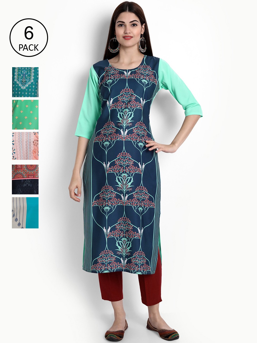 

Ethnic basket Women Pack of 6 Digital Printed Straight Kurtas, Navy blue