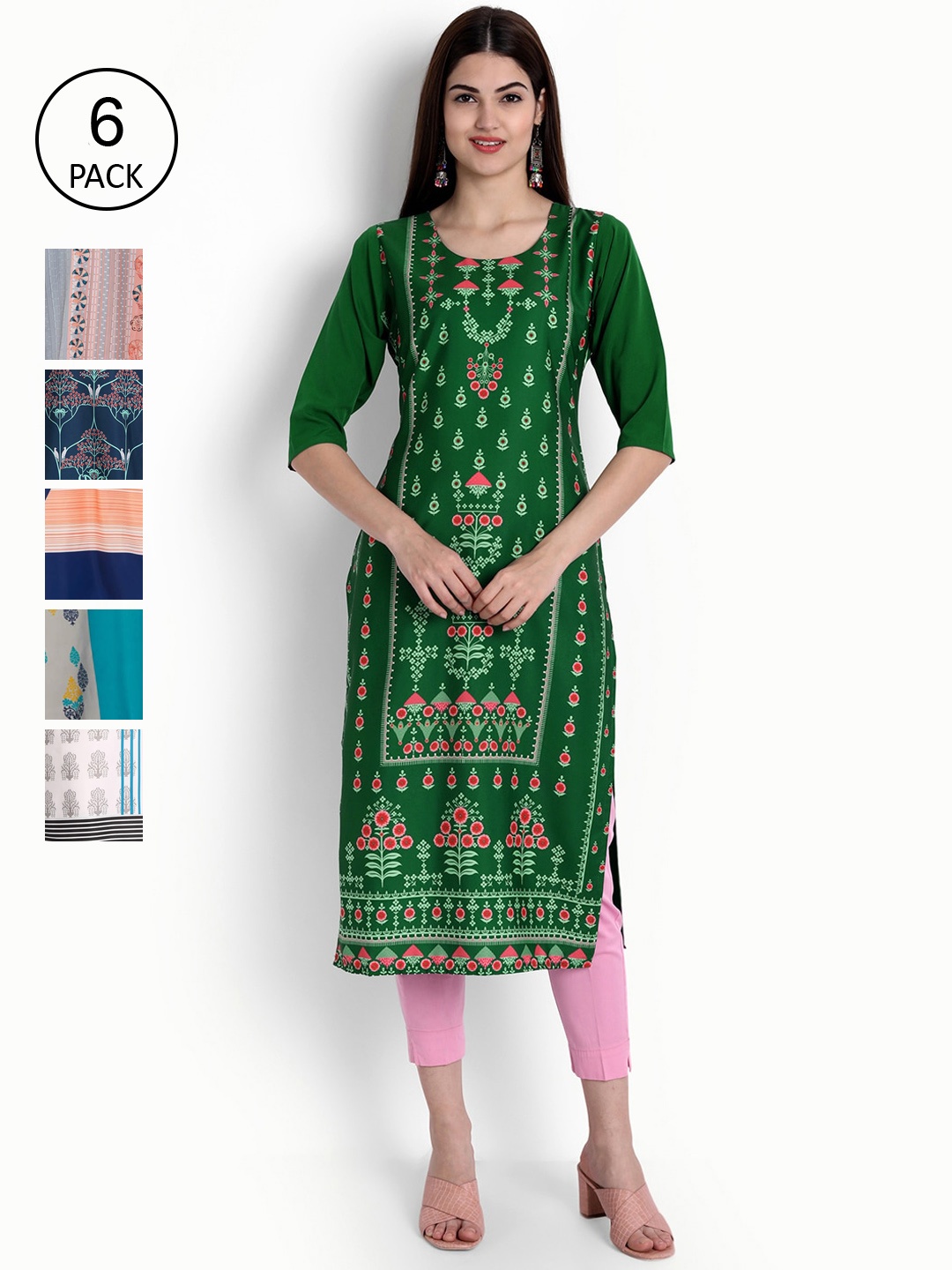 

Ethnic basket Women Pack Of 6 Ethnic Motifs Printed Crepe Kurta, Green
