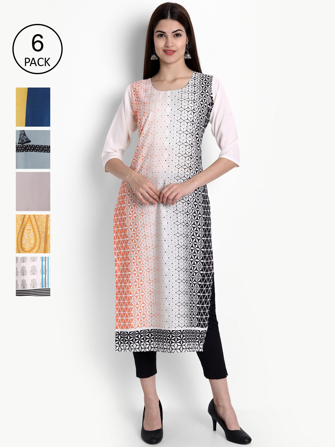 

Ethnic basket Woman Pack of 6 Multicoloured Ethnic Motifs Embroidered Crepe Kurta, Multi