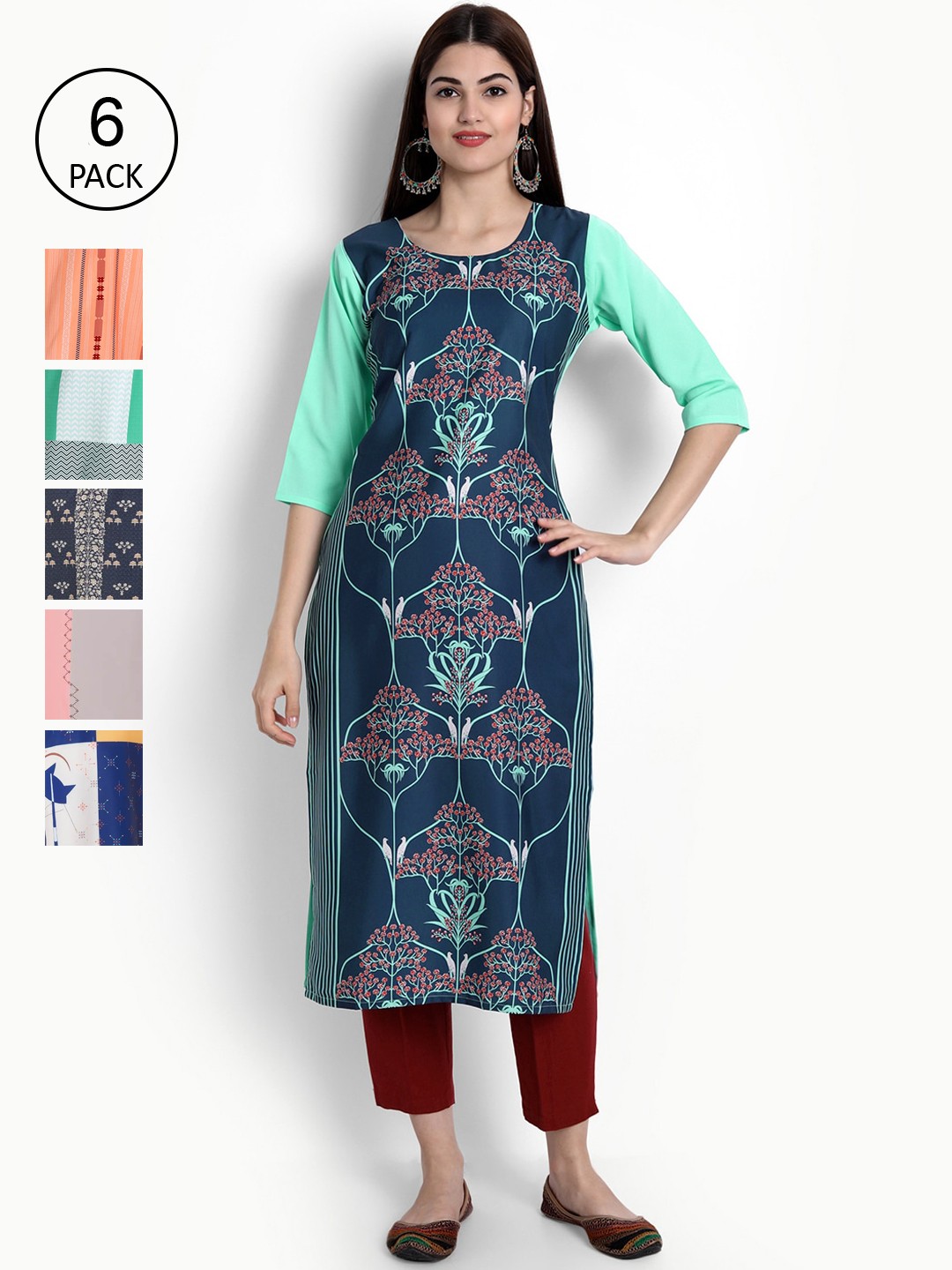 

Ethnic basket Women Multicoloured Colourblocked Keyhole Neck Block Print Crepe Kurta, Multi