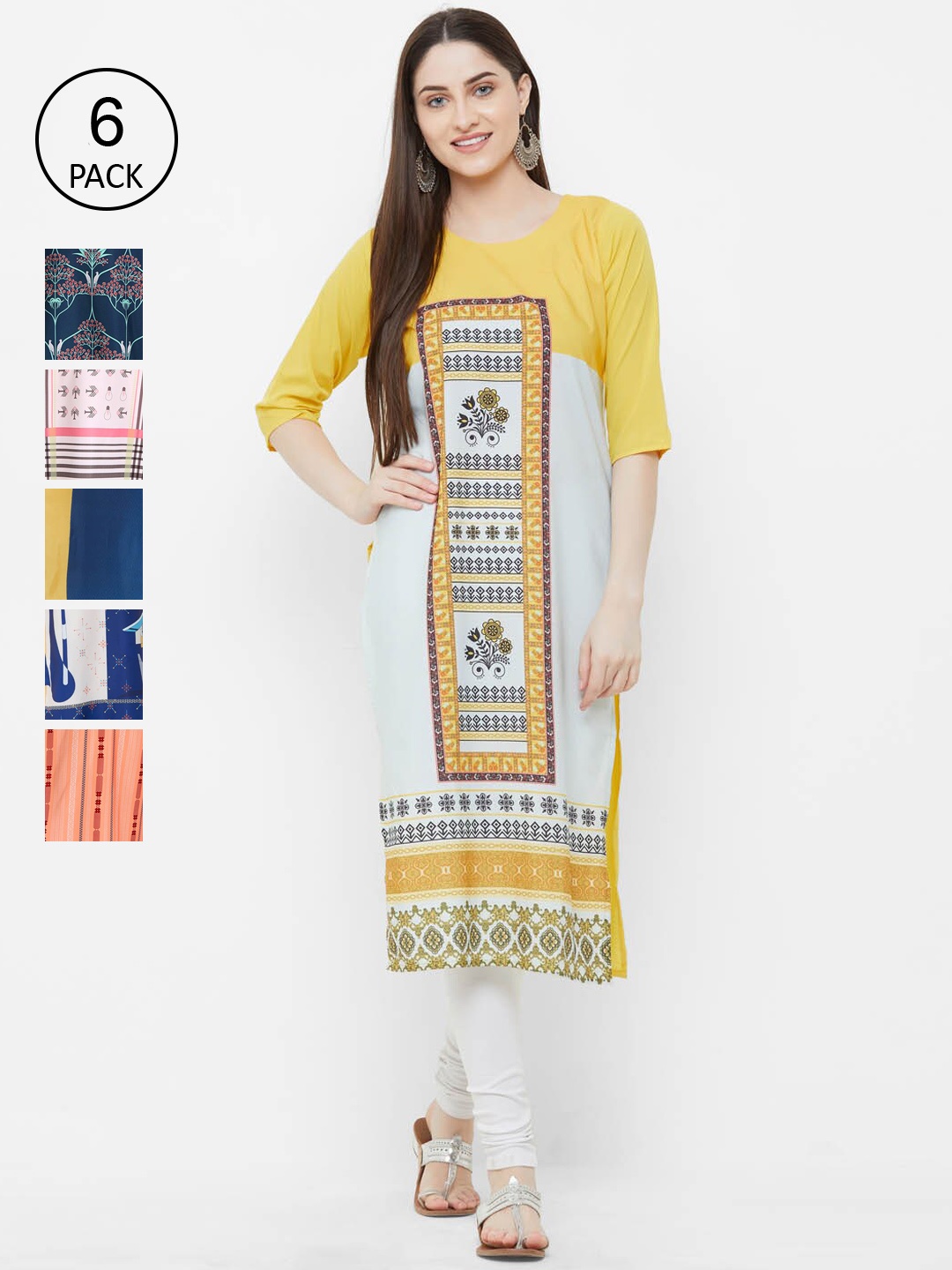 

Ethnic basket Women Multicoloured Pack of 6 Digital Print Straight Kurta, Multi