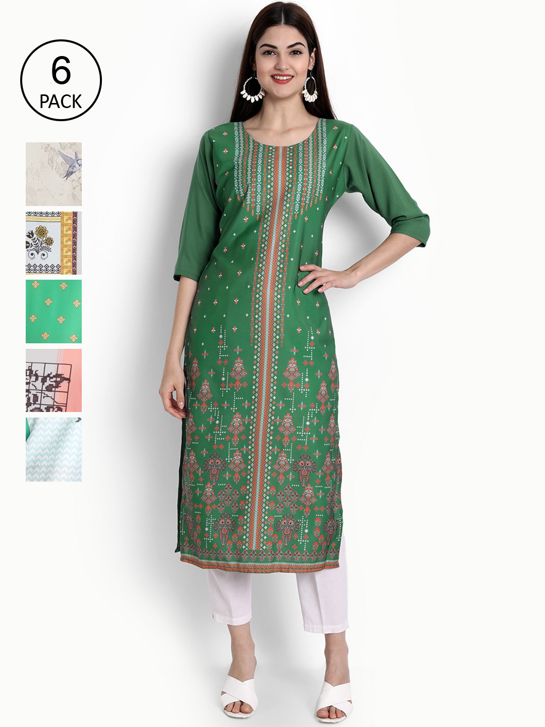 

Ethnic basket Women Multicoloured Set of 6 Printed Crepe Kurta, Multi