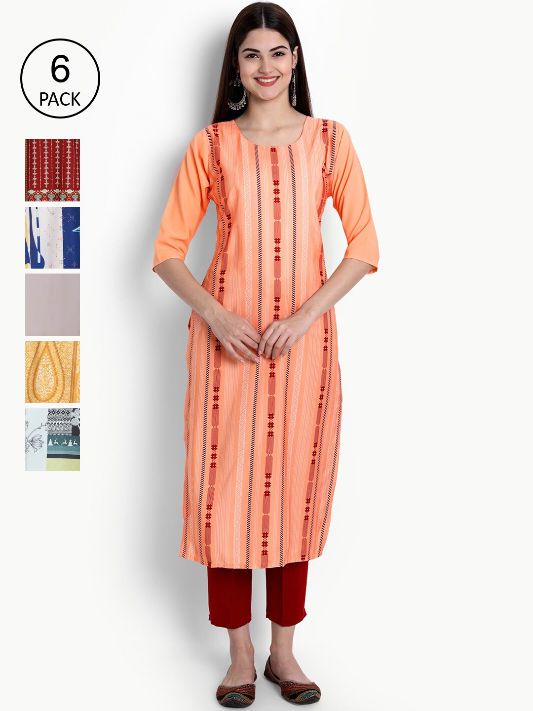 

Ethnic basket Women Pack of 6 Printed Kurtas, Multi