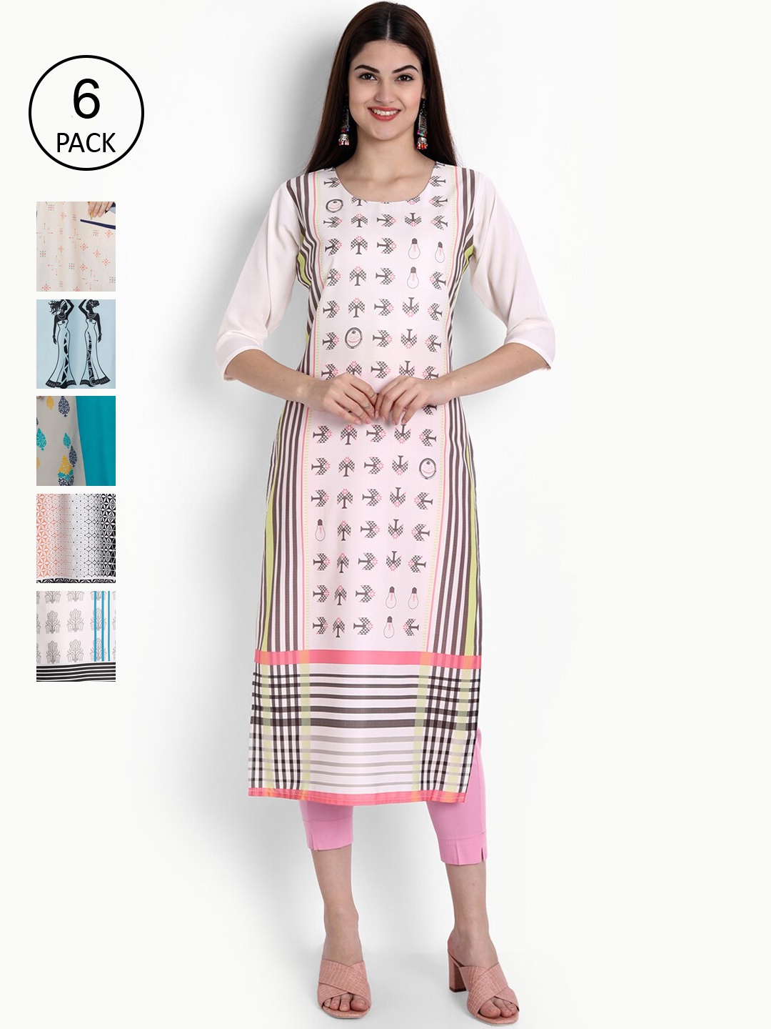 

Ethnic basket Women Pack Of 6 Digital Printed Crepe Kurta, Blue