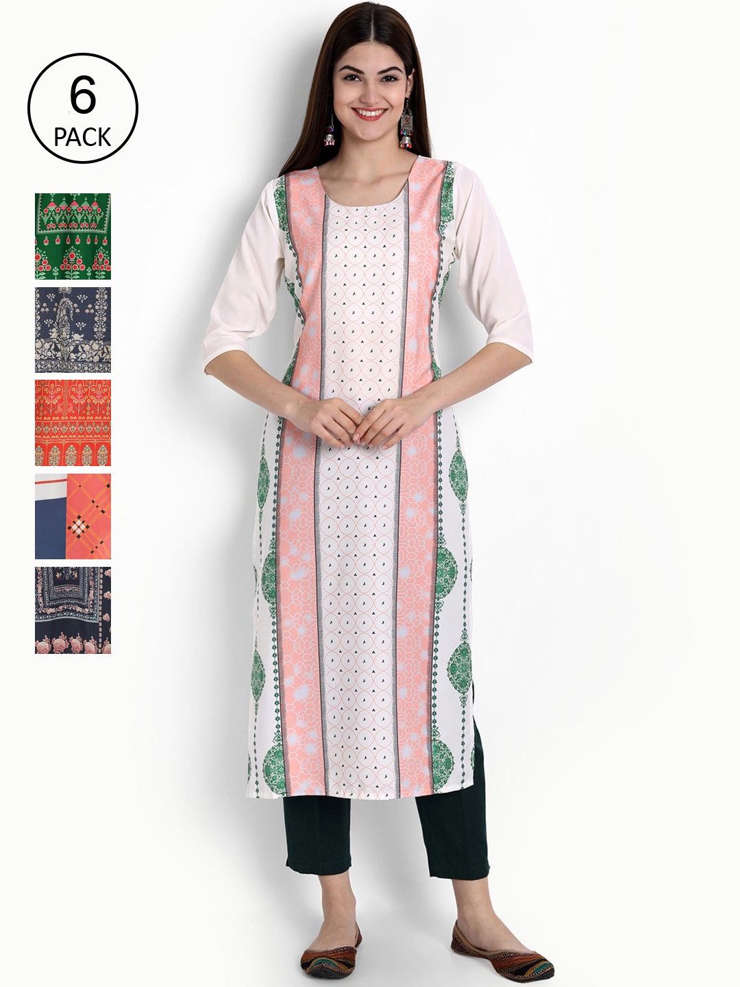 

Ethnic basket Women Pack Of 6 Printed Block Print Crepe Kurta, White