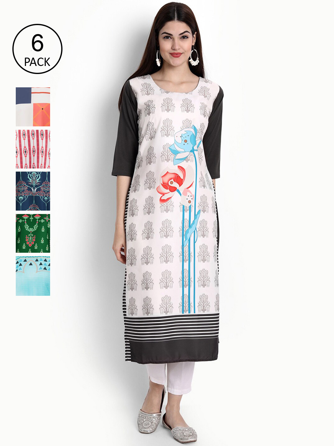 

Ethnic basket Women Pack Of 6 Digital Printed Crepe Kurta, White