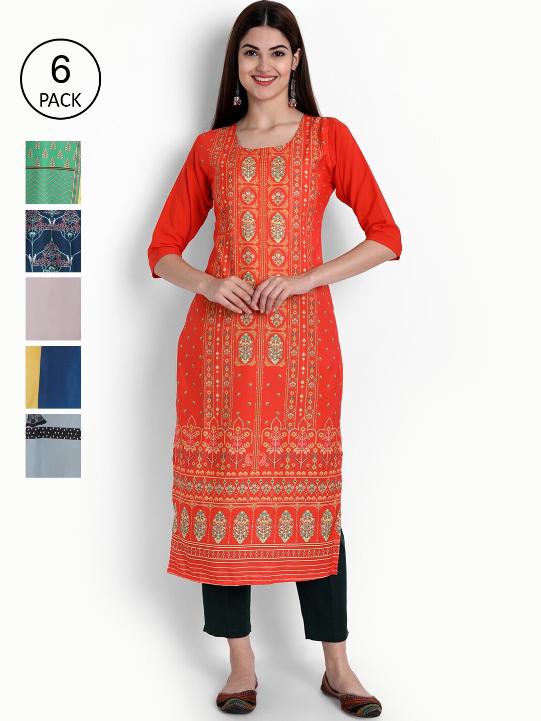 

Ethnic basket Women Pack of 6 Digital Printed Straight Kurtas, Orange