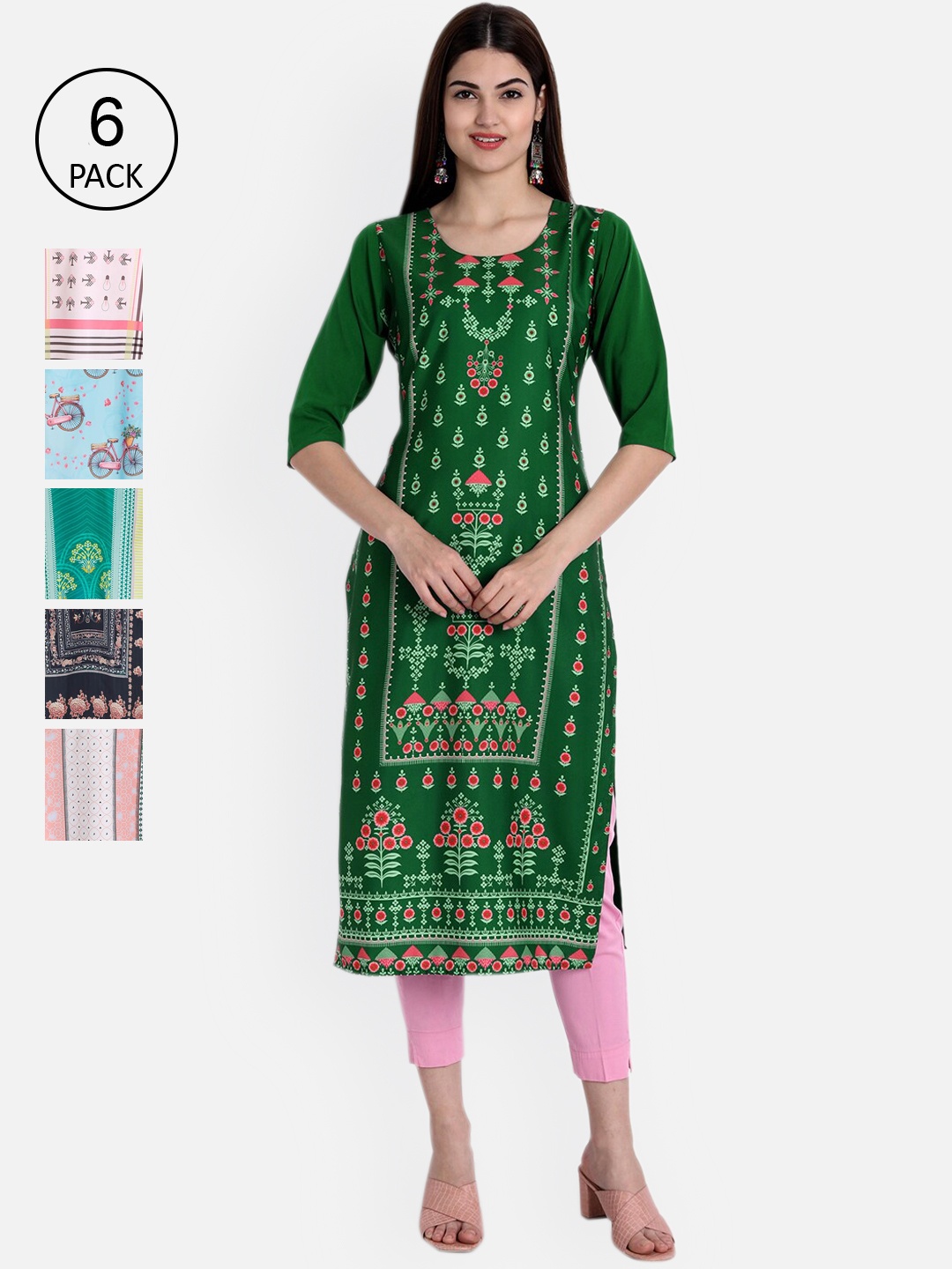 

Ethnic basket Women Pack-6 Geometric Printed Block Print Crepe Kurta, Green