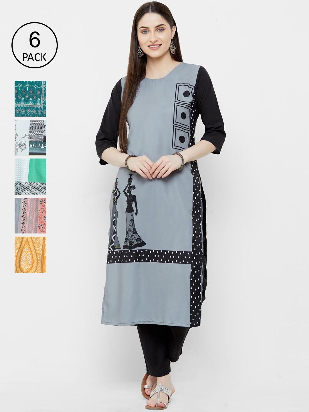 

Ethnic basket Women Pack Of 6 Ethnic Motifs Printed Crepe Kurta, Black